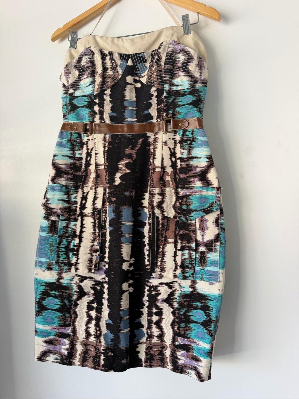 Tracy Reese Strapless Abstract Print Sheath Dress Teal, Black, Cream SZ 10 NWT